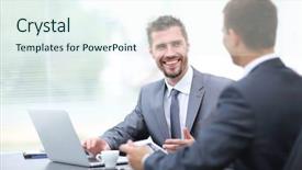  Presentation with office - Audience pleasing slide deck consisting of business negotiations two colleagues talking backdrop and a sky blue colored foreground