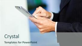  Presentation with tablet - PPT theme consisting of business news - businessman using his digital tablet background and a sky blue colored foreground