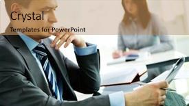  Presentation with office newspaper - Beautiful slide set featuring business news - image of serious male backdrop and a coral colored foreground