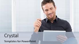  Presentation with happy birthday multicorored balloons - Cool new theme with business news - portrait of a handsome young backdrop and a light blue colored foreground