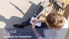  Presentation with electric scooter - Slide deck having business news and corporate people and concept - young businessman with bag electric scooter and coffee sitting on street bench and writing to notebook in city background and a ocean colored foreground