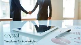  Presentation with business and politics handshake - Presentation theme featuring business objects at workplace with handshaking partners on background background and a light blue colored foreground