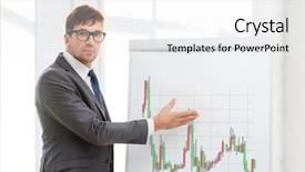  Presentation with forex - Slide deck featuring business office and money concept - businessman in suit and black eyeglasses pointing to flip board with forex chart in office background and a white colored foreground