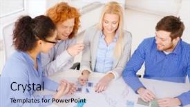  Presentation with design team - Theme enhanced with business office clothes design and starup concept - smiling creative team looking at sketch background and a light blue colored foreground