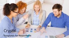  Presentation with design team - Audience pleasing slides consisting of business office clothes design and starup concept - smiling creative team looking at sketch backdrop and a light blue colored foreground