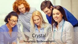  Presentation with design team - PPT theme with business office clothes design and starup concept - smiling female tailor with team on the back looking over clothes designs background and a soft green colored foreground