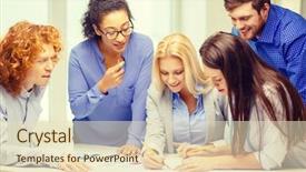  Presentation with design team - Slide set having business office clothes design and starup concept - smiling creative team looking over clothes designs background and a soft green colored foreground