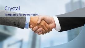  Presentation with shaking hands - Cool new slide set with corporate handshake woman man - business and office concept backdrop and a sky blue colored foreground