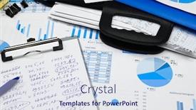  Presentation with business calculator - PPT theme having business-office-desk-closeup-financial background and a sky blue colored foreground