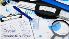  Presentation with bookkeeping - Presentation design consisting of business-office-desk-closeup-financial background and a sky blue colored foreground