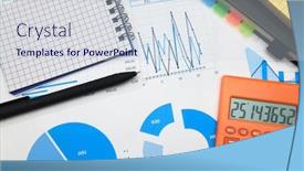  Presentation with financial analysis - Cool new theme with business-office-desk-closeup-financial backdrop and a sky blue colored foreground