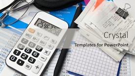  Presentation with business office desk - Theme having business-office-desk-closeup-financial background and a light gray colored foreground