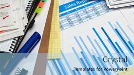  Presentation with bookkeeping - Presentation theme enhanced with business-office-desk-closeup-financial background and a light blue colored foreground