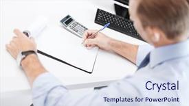  Presentation with business calculator - Presentation design enhanced with business office school and education background and a sky blue colored foreground