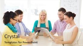  Presentation with computers - Presentation design featuring business office technology and startup concept - smiling creative team with table pc and laptop computers working in office background and a yellow colored foreground