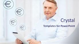  Presentation with online banking - Presentation design consisting of business oldness online banking internet shopping and oldness concept - smiling old man with tablet pc at home background and a sky blue colored foreground