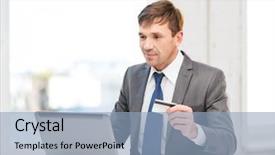  Presentation with online banking - Slide set with business online banking internet shopping concept - smiling man with laptop and credit card in office background and a light blue colored foreground