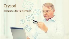  Presentation with online banking - Amazing PPT theme having business online banking internet shopping and oldness concept - smiling old man with laptop computer and credit card at home backdrop and a cream colored foreground