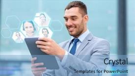  Presentation with business communication - Audience pleasing presentation theme consisting of business online communication technology backdrop and a light blue colored foreground