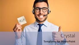  Presentation with excellent customer service - PPT theme featuring business-operator-man-with-customer background and a light blue colored foreground