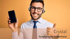  Presentation with excellent customer service - PPT theme featuring business-operator-man-with-customer background and a coral colored foreground