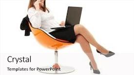  Presentation with black and white old phone - Presentation theme consisting of business orange - businesswoman in chair with laptop background and a white colored foreground