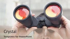  Presentation with binoculars at a lookout point - Colorful slide deck enhanced with business orange - close up of businessman using backdrop and a coral colored foreground