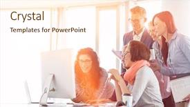  Presentation with employees working together - PPT layouts with business orange - smiling businesspeople working together background and a cream colored foreground