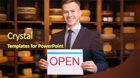  Presentation with business - PPT theme featuring business owner holding open sign background and a  colored foreground