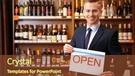  Presentation with business timelines - PPT theme with business owner holding open sign background and a tawny brown colored foreground