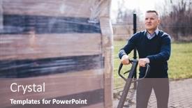  Presentation with logistics - Slide deck having business-owner-moving-big-parcel background and a  colored foreground