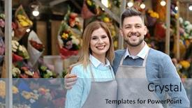  Presentation with business near shoring - PPT layouts having business owner near their store background and a light blue colored foreground