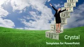  Presentation with blue green - Cool new PPT theme with business park - excited businesswoman cheering against green backdrop and a  colored foreground