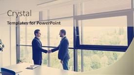  Presentation with business partner - Cool new PPT layouts with business partner shake hands on meetinig in modern office building backdrop and a soft green colored foreground