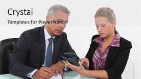  Presentation with budget - Audience pleasing slide deck consisting of business partners calculating the budget backdrop and a  colored foreground