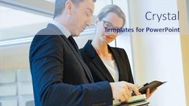  Presentation with agenda - Beautiful presentation theme featuring business-partners-checking-dates backdrop and a sky blue colored foreground