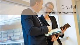  Presentation with agenda - Presentation theme with business-partners-checking-dates background and a coral colored foreground