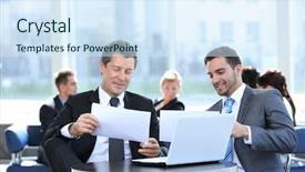  Presentation with new office - Slides enhanced with business partners discussing a new background and a  colored foreground