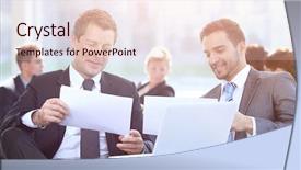  Presentation with new office - Colorful presentation theme enhanced with business partners discussing a new backdrop and a  colored foreground