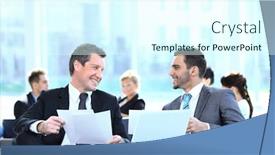  Presentation with lobby - Presentation theme featuring business partners discussing a new project sitting in the lobby of the office background and a cool aqua colored foreground