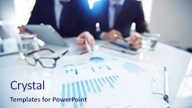  Presentation with partners - Theme with business partners discussing financial documents background and a sky blue colored foreground