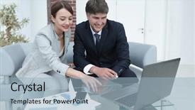  Presentation with business report - Cool new PPT layouts with business partners discussing financial report backdrop and a  colored foreground