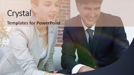  Presentation with business report - Presentation design featuring business partners discussing financial report background and a coral colored foreground