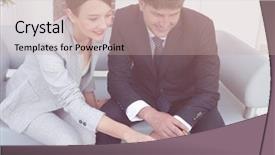  Presentation with business report - Slides featuring business partners discussing financial report background and a soft green colored foreground