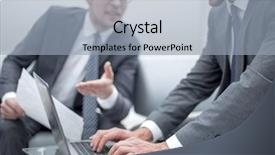  Presentation with partners - Cool new slide deck with business partners discussing the terms backdrop and a light blue colored foreground