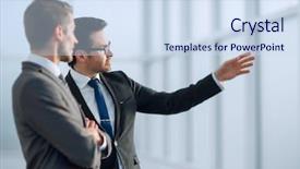  Presentation with business partner people joining hand - PPT theme enhanced with business partners discussing working prospects background and a sky blue colored foreground