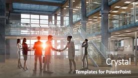  Presentation with elegant business social media - Colorful slides enhanced with business partners handshake mixed media backdrop and a violet colored foreground