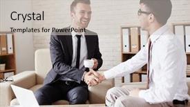  Presentation with business partner people joining hand - Colorful theme enhanced with business partners in formalwear greeting backdrop and a light gray colored foreground