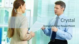  Presentation with partners - Beautiful presentation design featuring business partners interacting in office backdrop and a  colored foreground