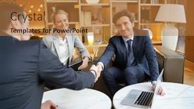  Presentation with hotel business - Amazing slide deck having business-partners-meeting-client backdrop and a coral colored foreground